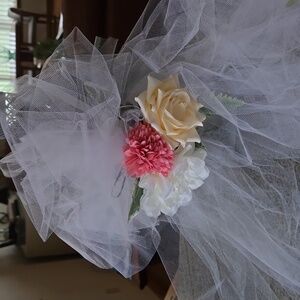 Wedding 6 floral aisle bows ,ribbon silk flowers,lush greenery tulle & 21 Bells